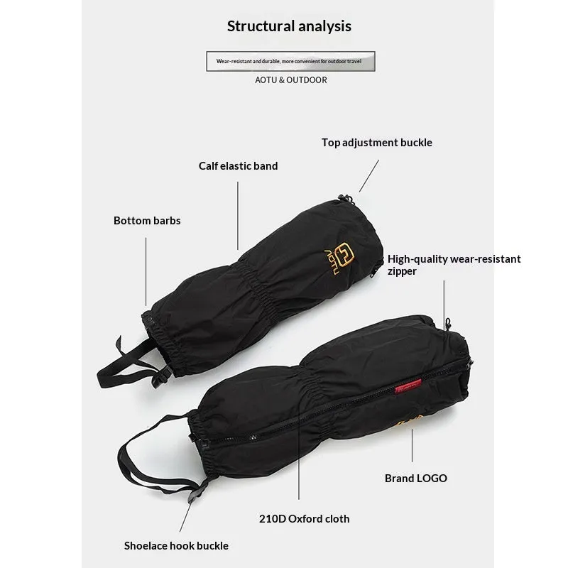 Unisex black 210D Oxford fabric gaiters for skiing and hiking leg protection with LOGO option