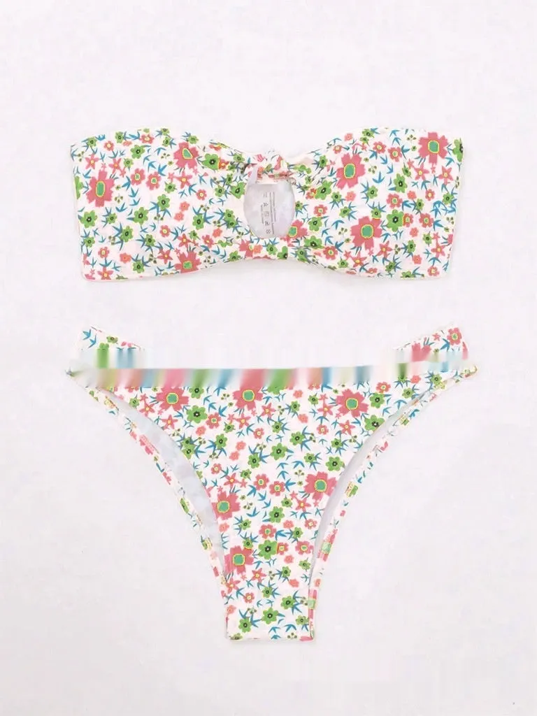 New Flower Swimwear sexy split bandeau bikini set in blue flowers pattern, polyester, size S M L, women's swimwear