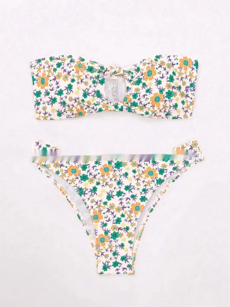 New Flower Swimwear sexy split bandeau bikini set in blue flowers pattern, polyester, size S M L, women's swimwear