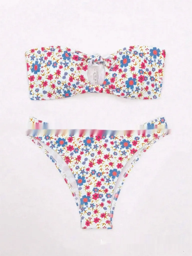 New Flower Swimwear sexy split bandeau bikini set in blue flowers pattern, polyester, size S M L, women's swimwear