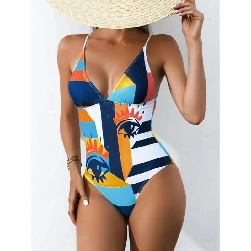Plus size blue one-piece swimsuit with backless design on a mannequin, showing high elasticity fit.