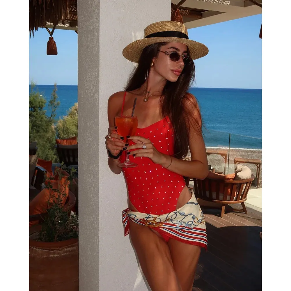 Double-layer rhinestone camisole one-piece swimsuit for women in black with sleeveless design