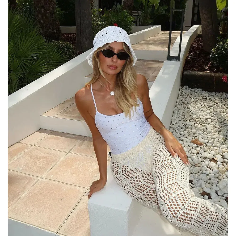 Double-layer rhinestone camisole one-piece swimsuit for women in black with sleeveless design