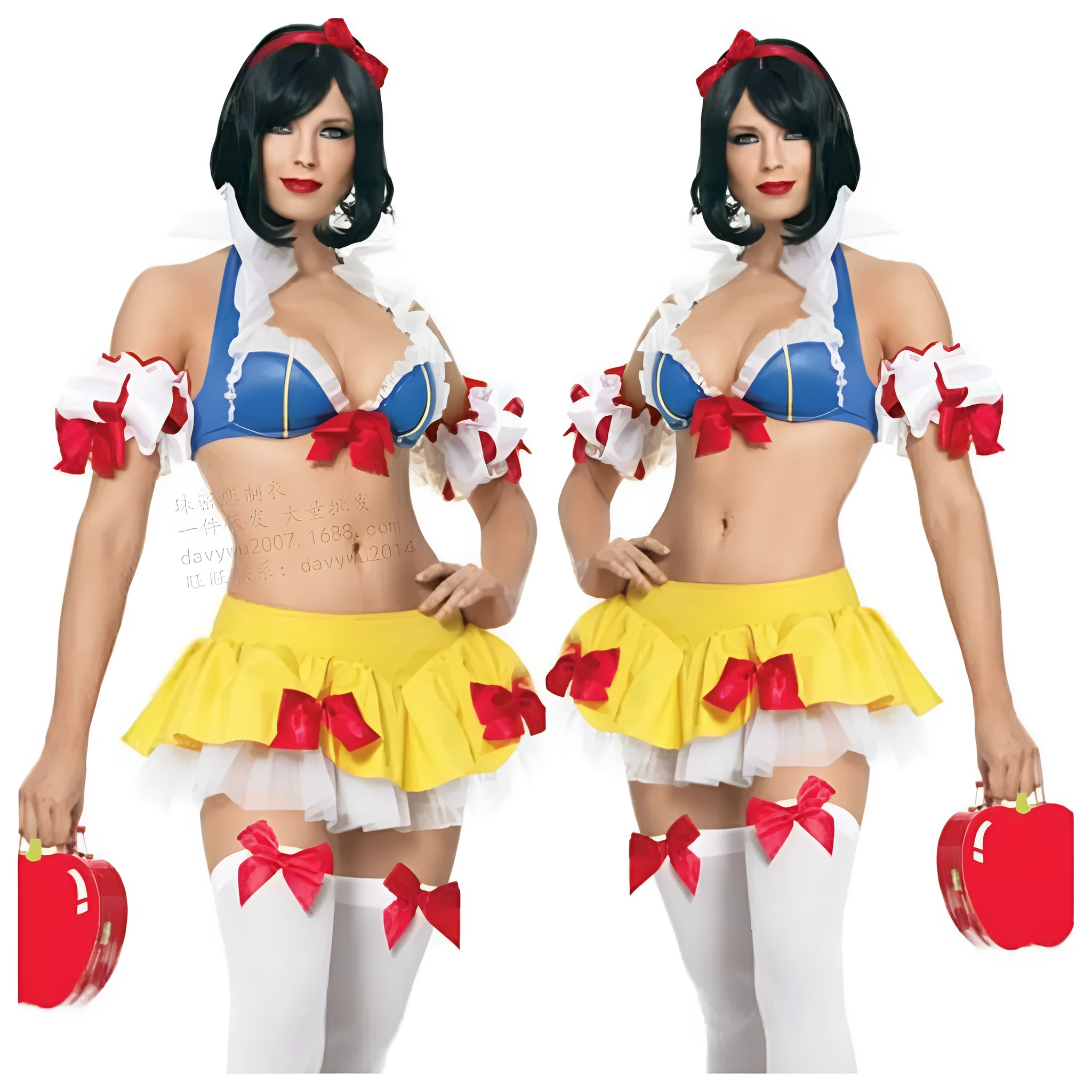 Snow White anime costume dress set with headdress, top, short skirt, and hand sleeves on a mannequin