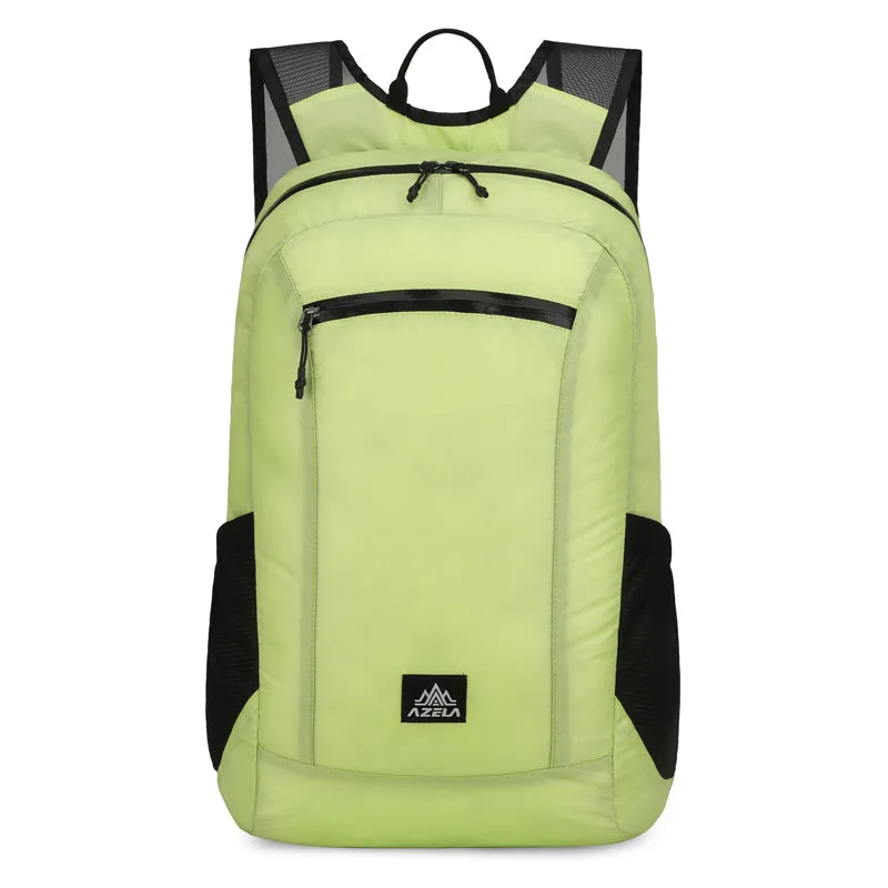 AZELA lightweight hiking backpack in white with multiple pockets and breathable mesh straps for outdoor travel.