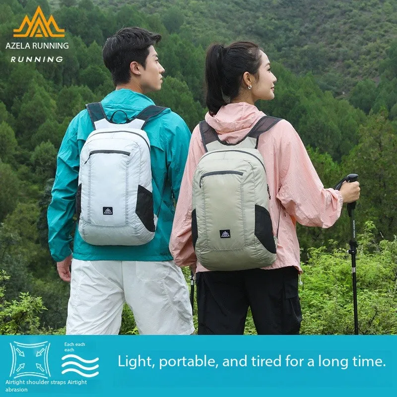 AZELA lightweight hiking backpack in white with multiple pockets and breathable mesh straps for outdoor travel.