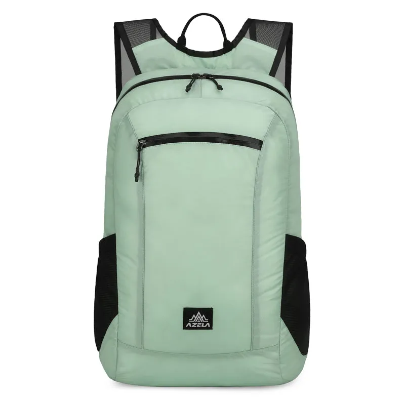 AZELA lightweight hiking backpack in white with multiple pockets and breathable mesh straps for outdoor travel.