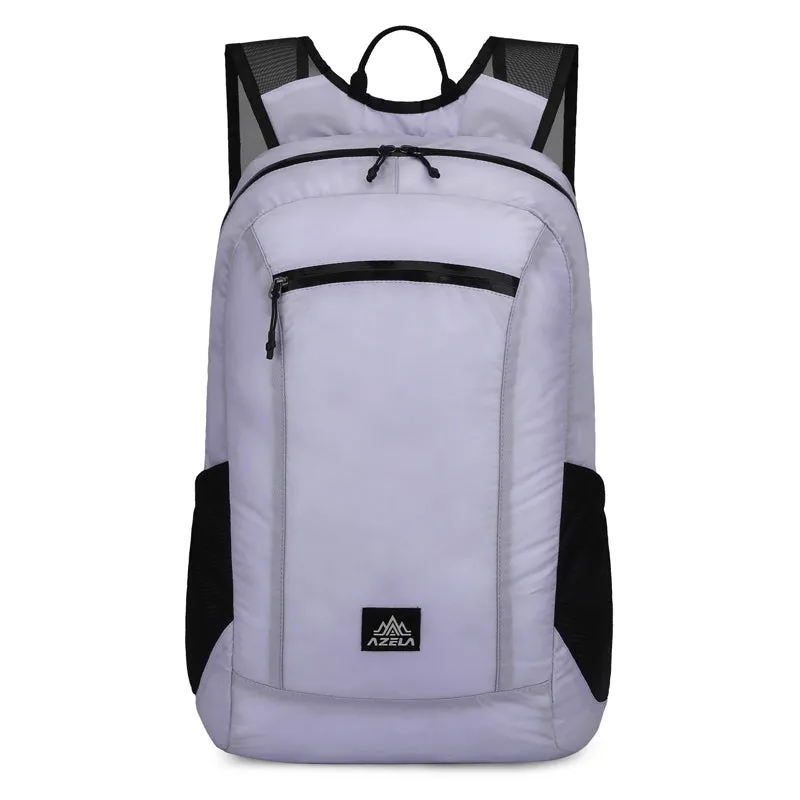 AZELA lightweight hiking backpack in white with multiple pockets and breathable mesh straps for outdoor travel.