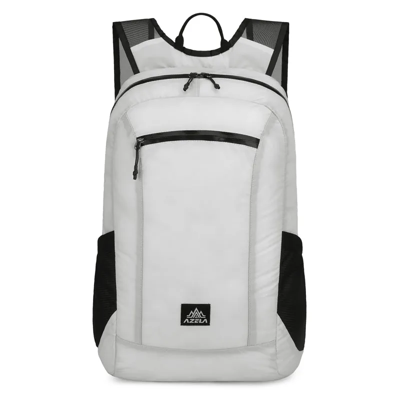 AZELA lightweight hiking backpack in white with multiple pockets and breathable mesh straps for outdoor travel.