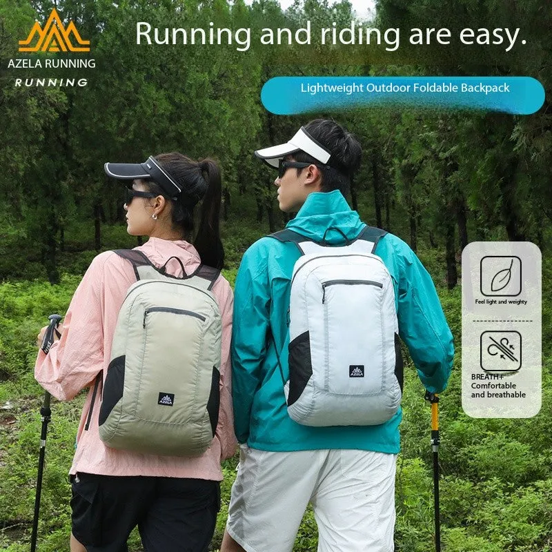 AZELA lightweight hiking backpack in white with multiple pockets and breathable mesh straps for outdoor travel.