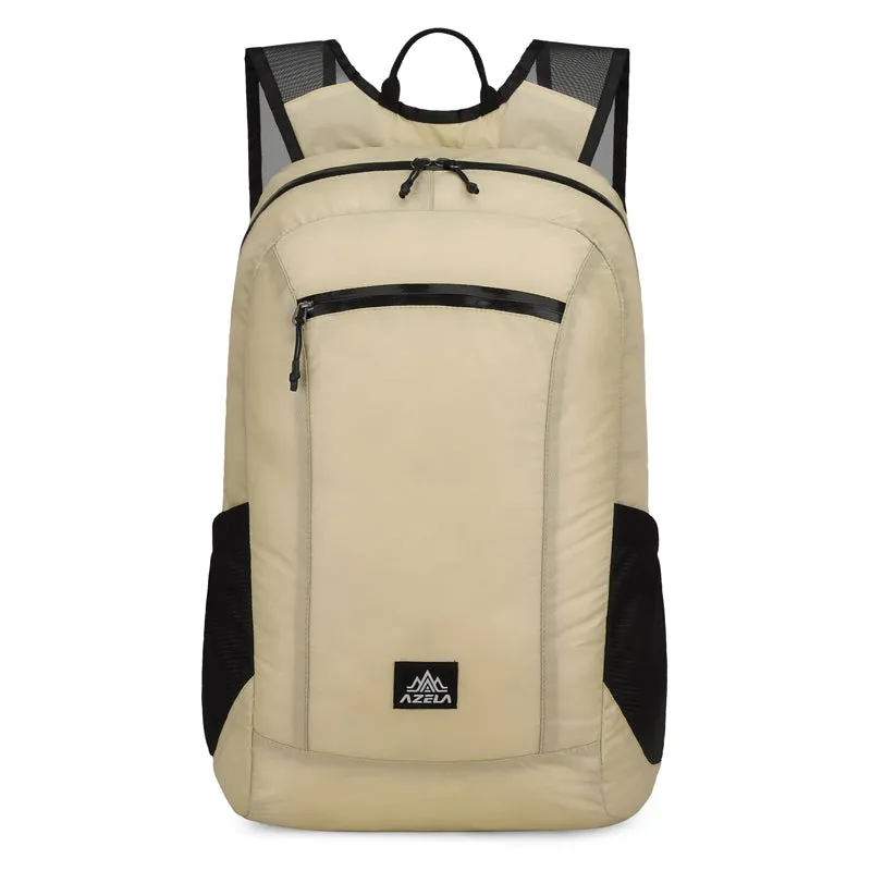 AZELA lightweight hiking backpack in white with multiple pockets and breathable mesh straps for outdoor travel.
