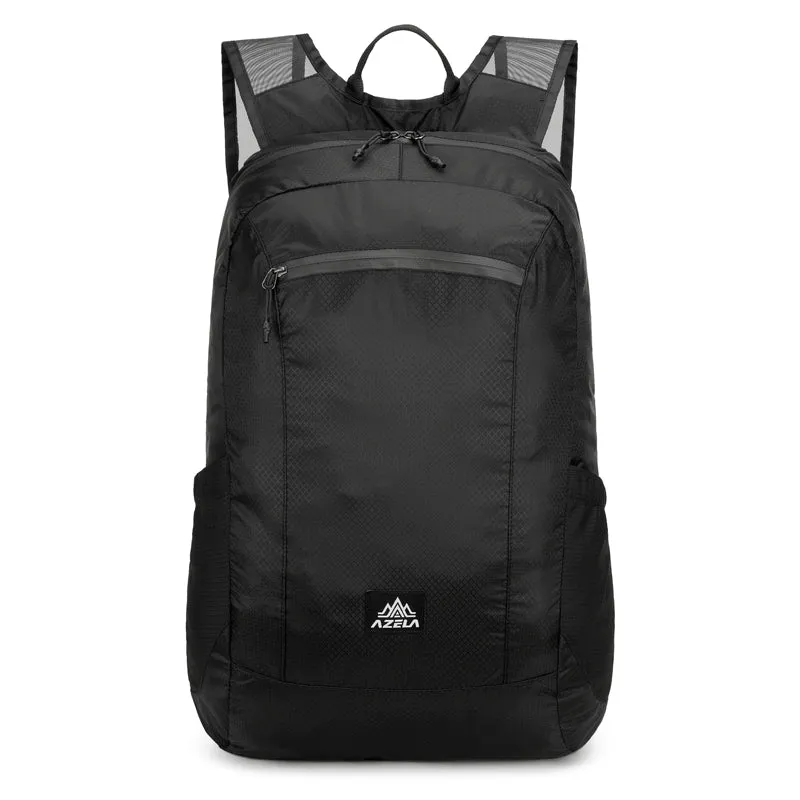 AZELA lightweight hiking backpack in white with multiple pockets and breathable mesh straps for outdoor travel.