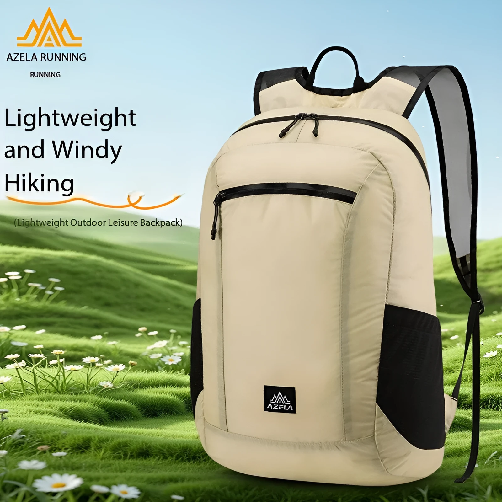 AZELA lightweight hiking backpack in white with multiple pockets and breathable mesh straps for outdoor travel.