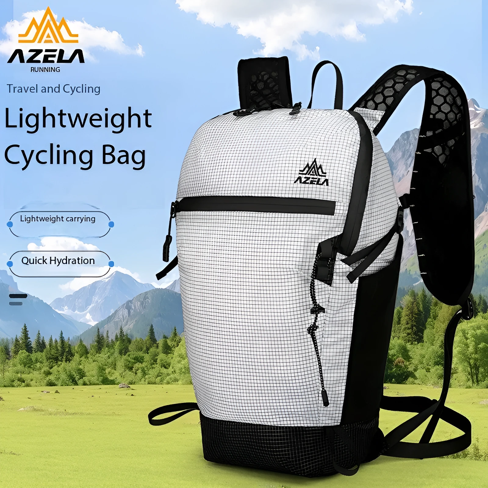 AZELA Grid Pattern Lightweight Hiking Backpack in black with breathable mesh back panel