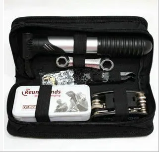 SNJUE black bicycle repair tool kit with chrome-plated socket wrenches, Allen keys, tyre films and mini pump