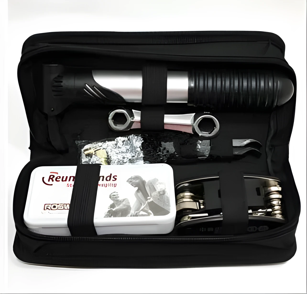 SNJUE black bicycle repair tool kit with chrome-plated socket wrenches, Allen keys, tyre films and mini pump