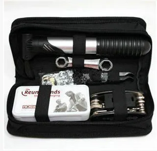 SNJUE black bicycle repair tool kit with chrome-plated socket wrenches, Allen keys, tyre films and mini pump