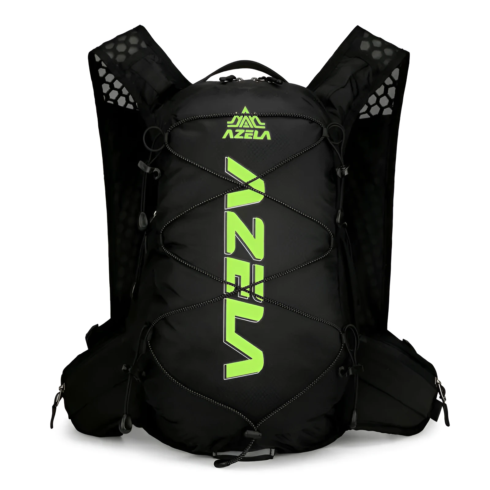 AZELA Reflective Lightweight Cycling Backpack in black and green with breathable mesh back panel and hydration hose