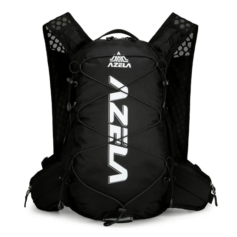 AZELA Reflective Lightweight Cycling Backpack in black and green with breathable mesh back panel and hydration hose