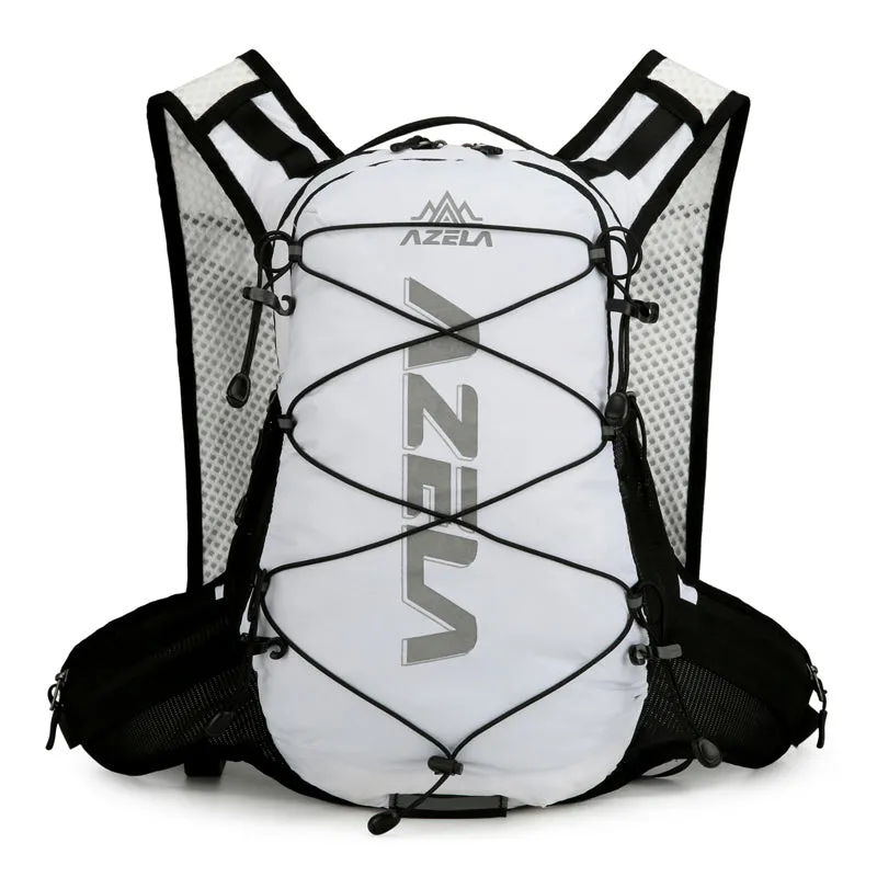 AZELA Reflective Lightweight Cycling Backpack in black and green with breathable mesh back panel and hydration hose