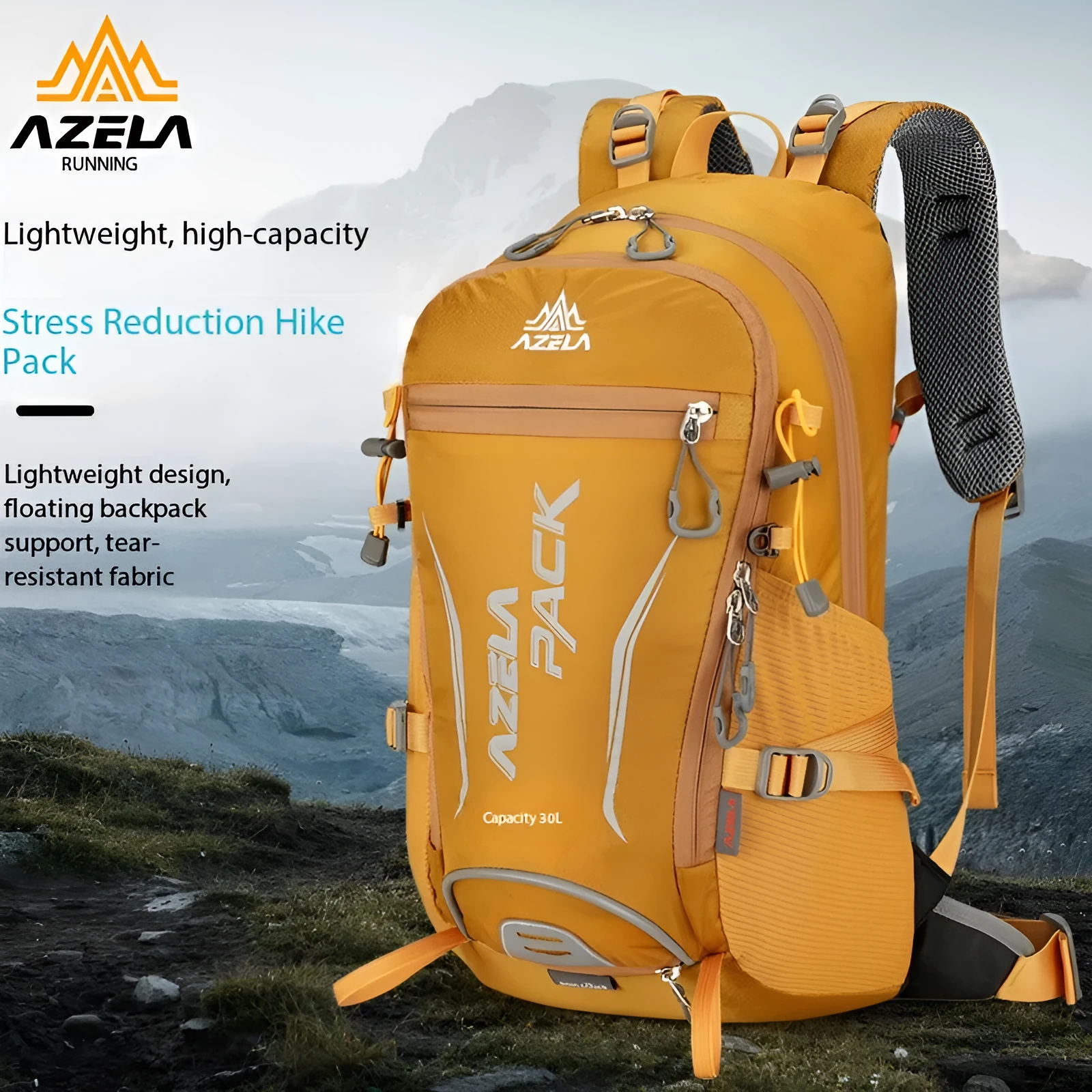 AZELA 30L orange hiking backpack with durable fabric and multiple compartments