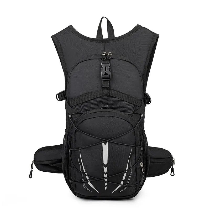 Lightweight hydration backpack with reflective details in black for trail running and mountain biking