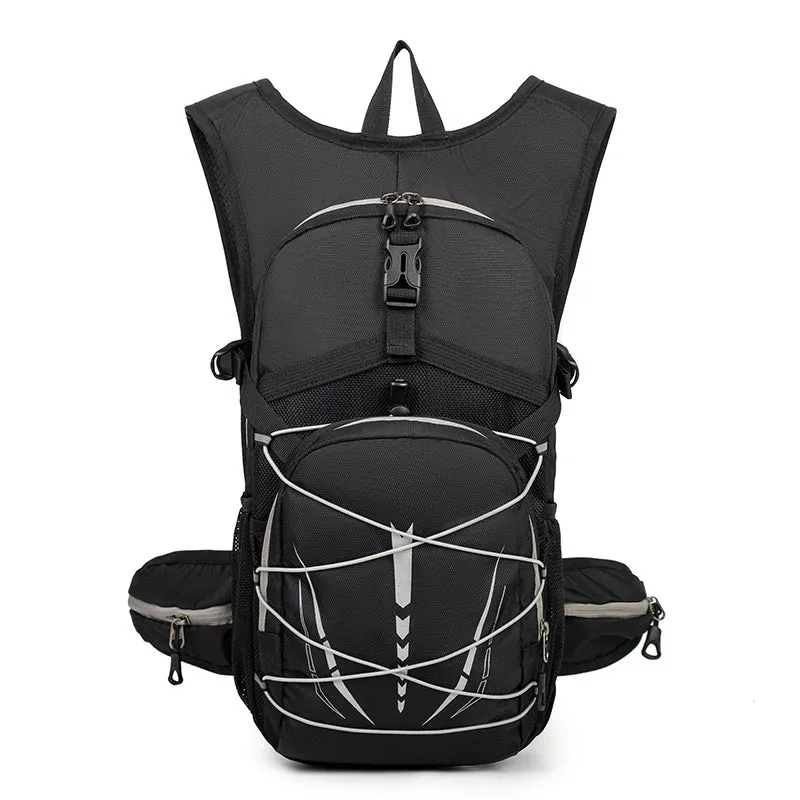 Lightweight hydration backpack with reflective details in black for trail running and mountain biking
