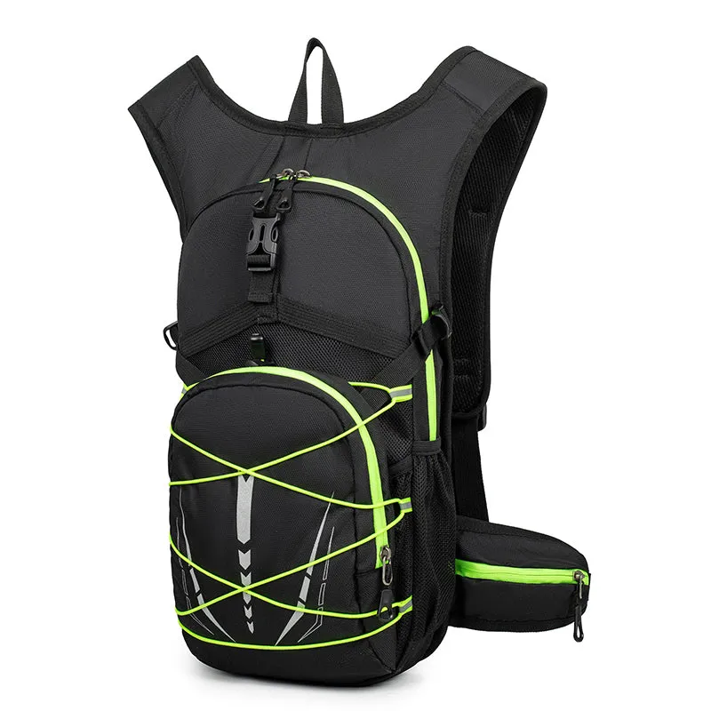 Lightweight hydration backpack with reflective details in black for trail running and mountain biking