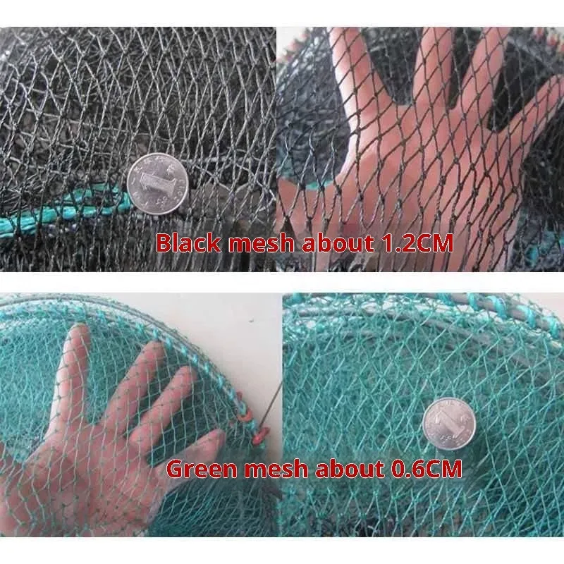 Spring Fishing Folding Basket Turtle Cage in green nylon mesh, folded and ready for use