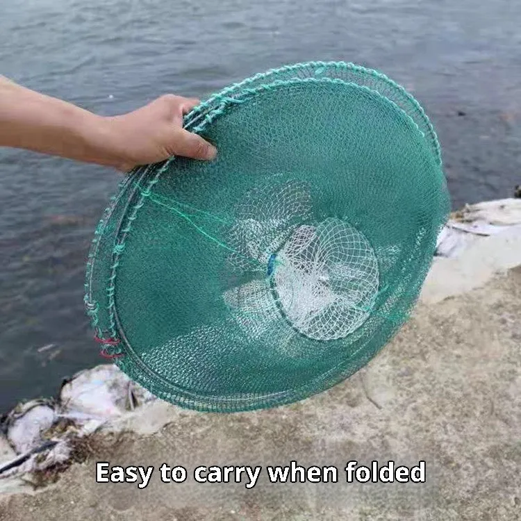 Spring Fishing Folding Basket Turtle Cage in green nylon mesh, folded and ready for use