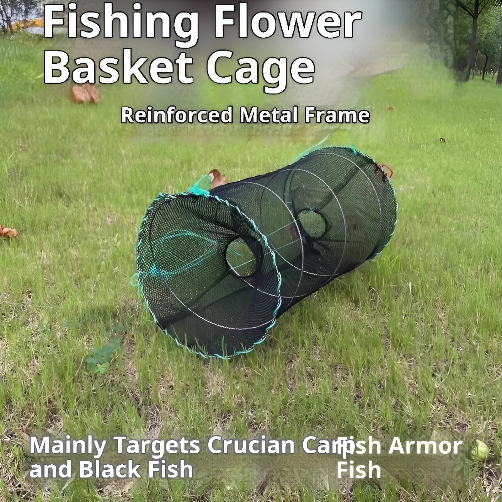 Spring Fishing Folding Basket Turtle Cage in green nylon mesh, folded and ready for use