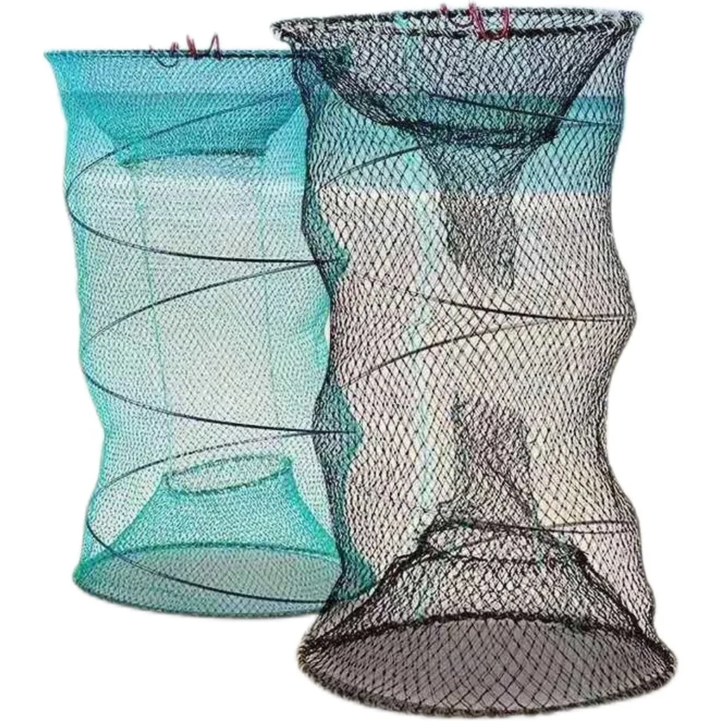 Spring Fishing Folding Basket Turtle Cage in green nylon mesh, folded and ready for use