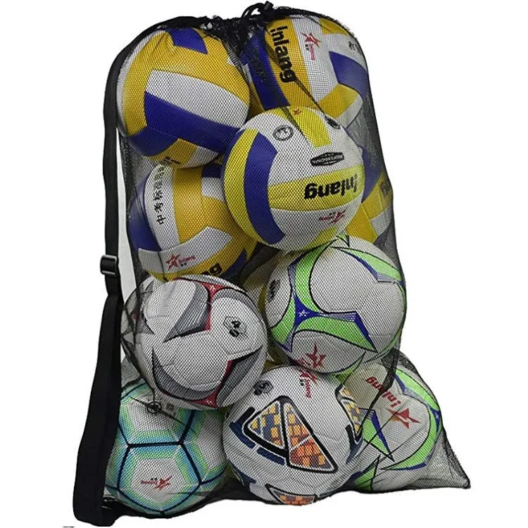 Large black mesh storage bag holding multiple footballs and basketballs for sports training