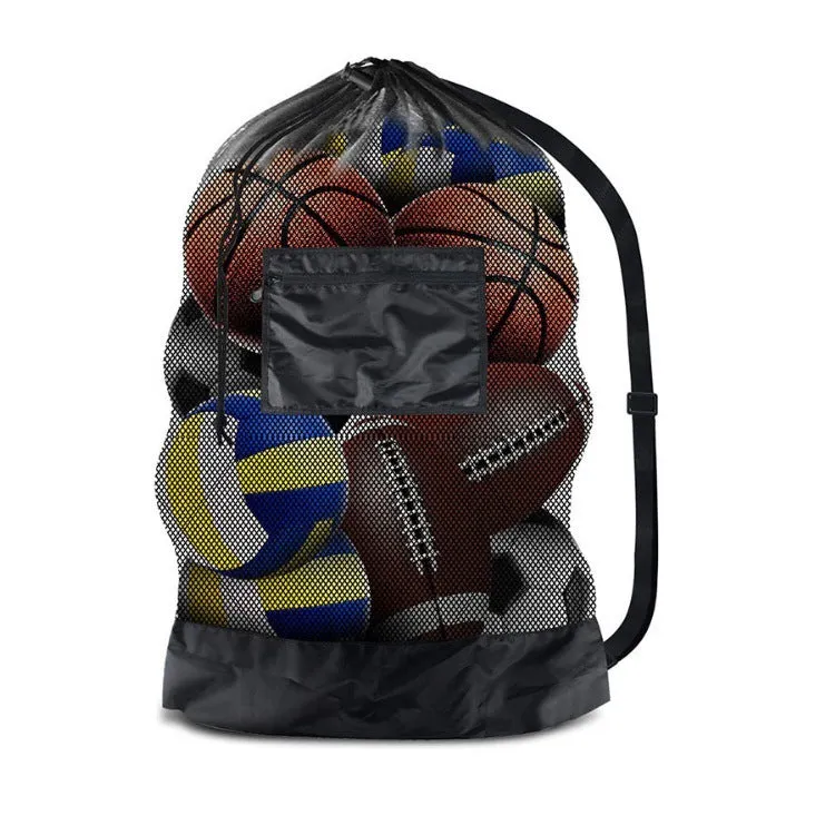 Large black mesh storage bag holding multiple footballs and basketballs for sports training