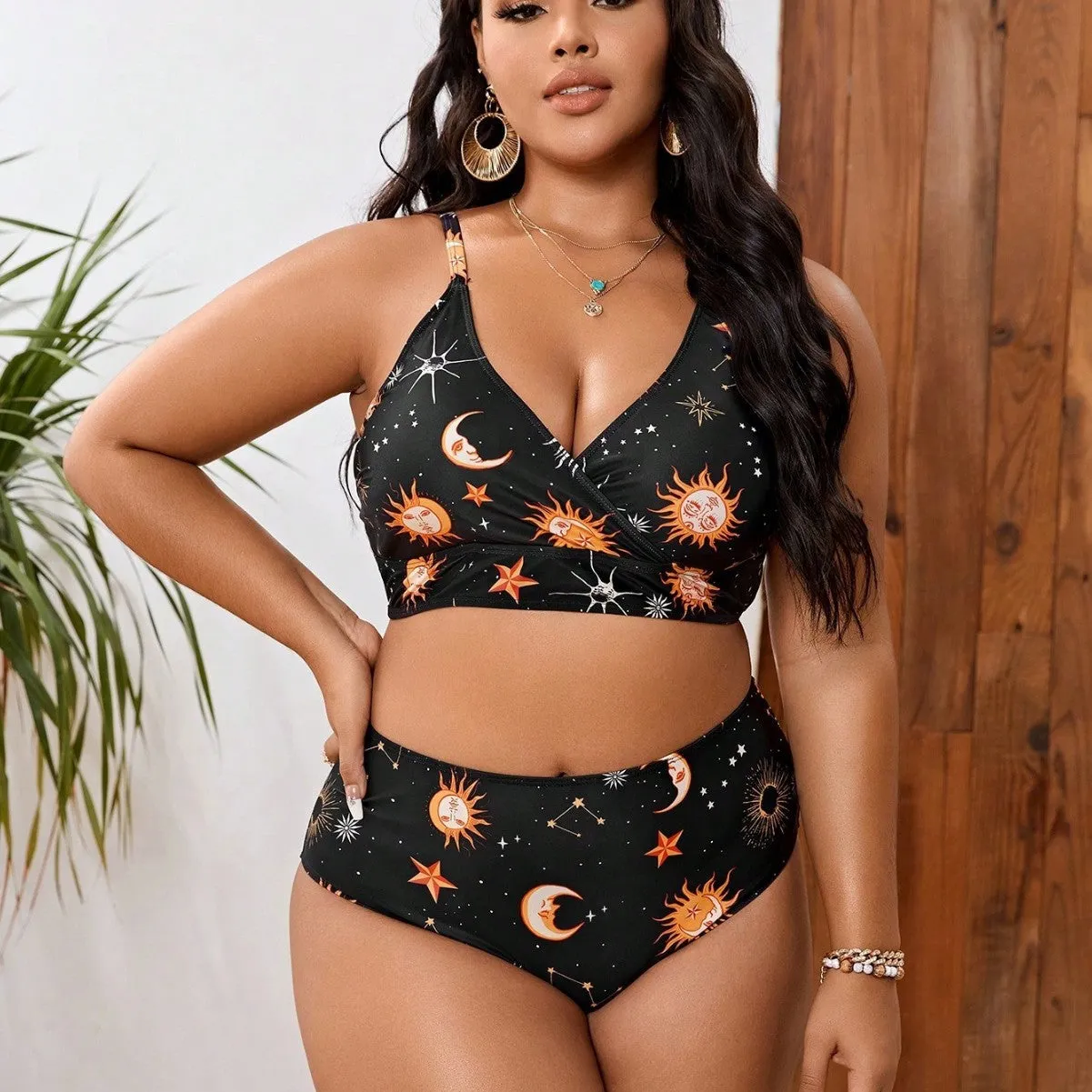 Women's split printed swimsuit in polyester spandex, sleeveless brief style, available in sizes L to 4XL