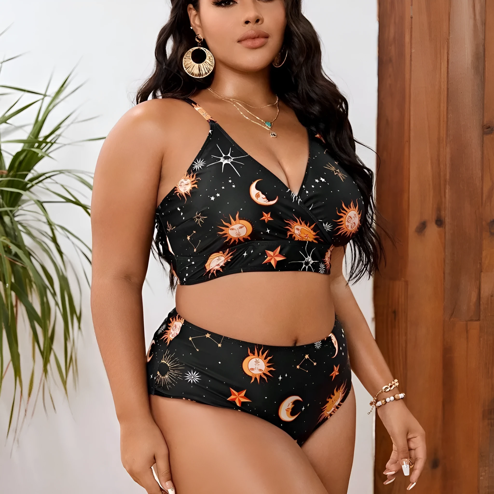Women's split printed swimsuit in polyester spandex, sleeveless brief style, available in sizes L to 4XL