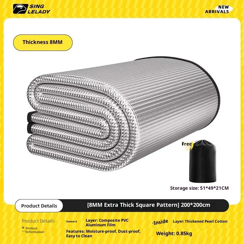 8mm thick pearl cotton explosion-proof camping mat in 200x200cm size on grass with tent background