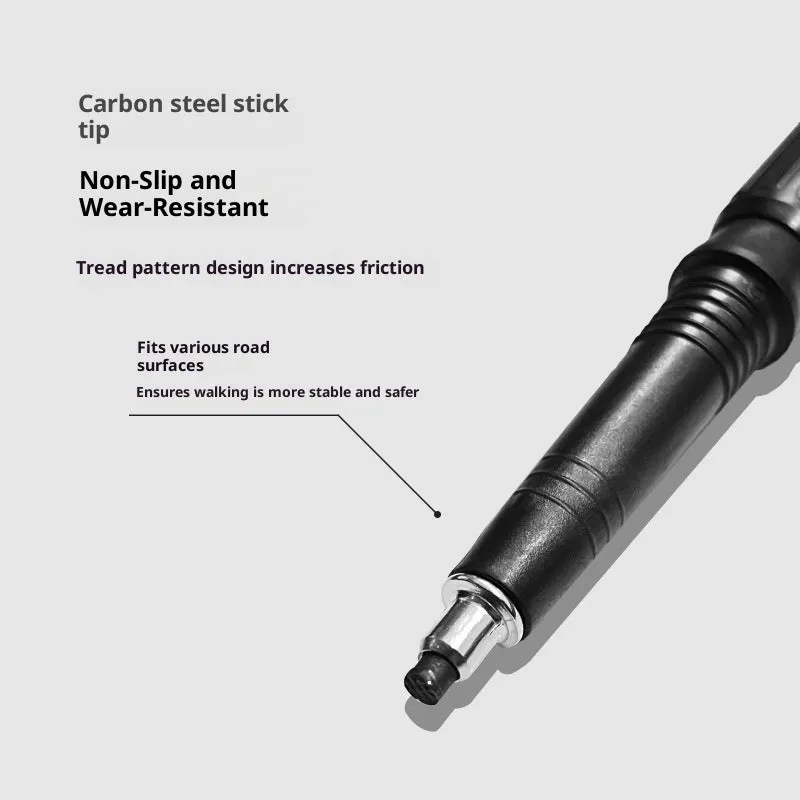 Silver four-section aluminium alloy alpenstock with curved handle, extended to full height on outdoor trail