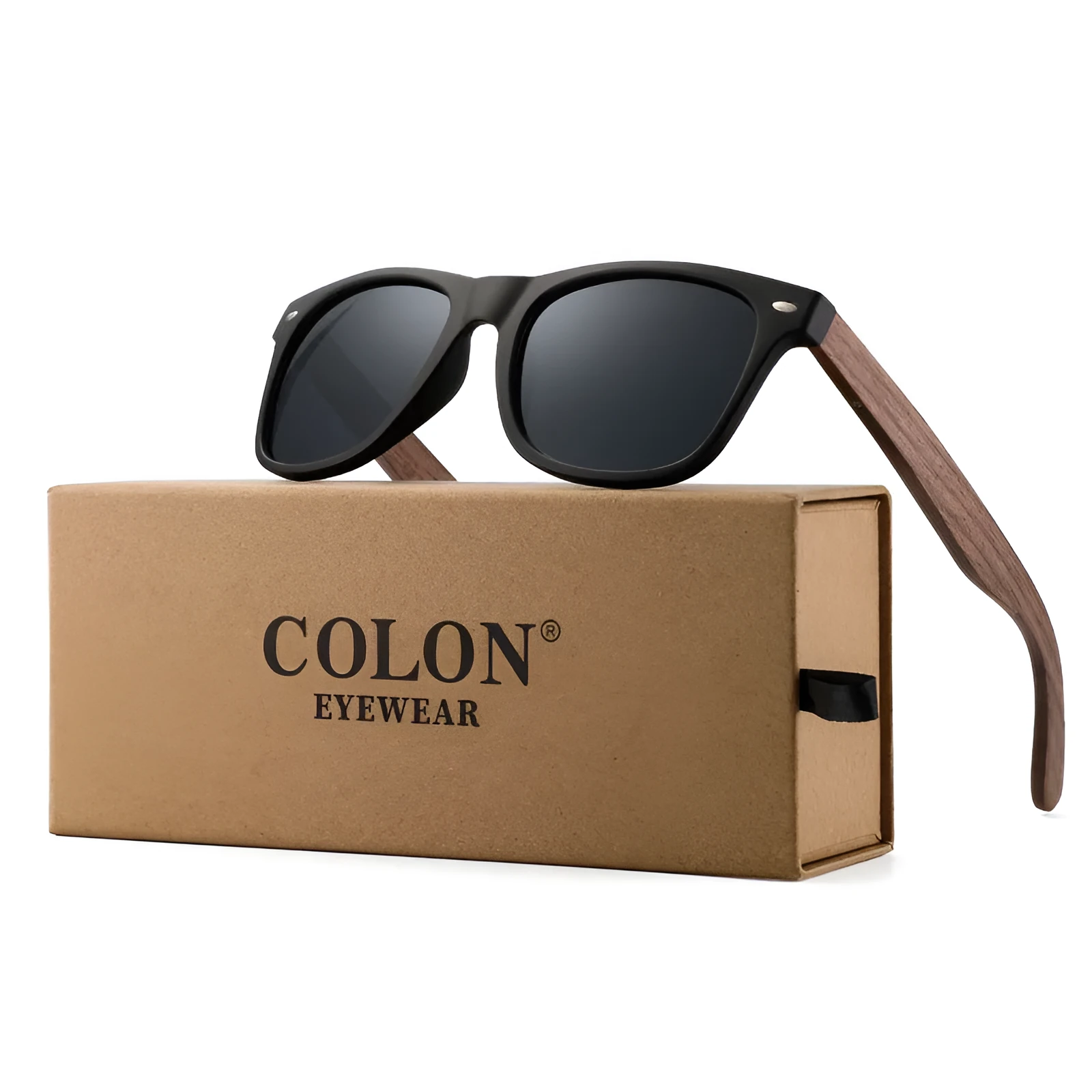 Polarised sunglasses with bamboo and wood arms, gray lens, PC frame on white background