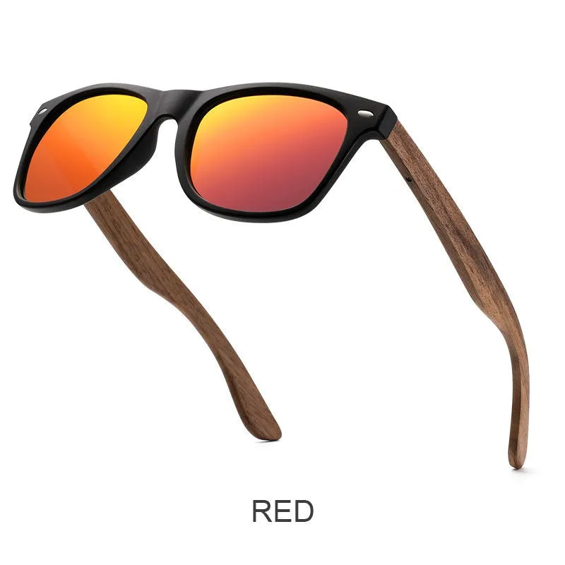 Polarised sunglasses with bamboo and wood arms, gray lens, PC frame on white background