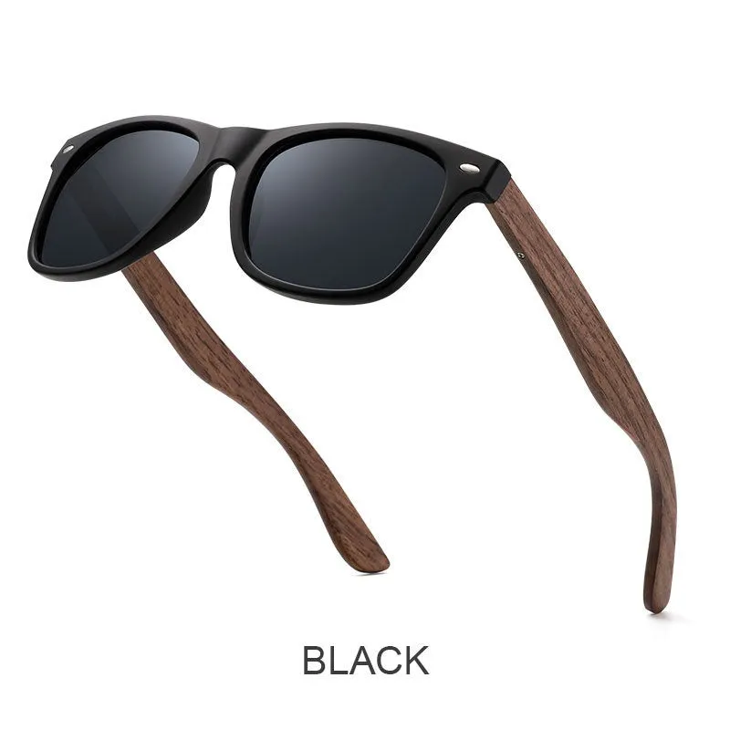 Polarised sunglasses with bamboo and wood arms, gray lens, PC frame on white background