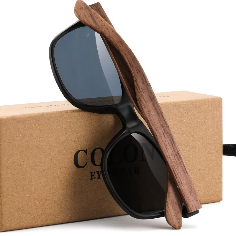 Polarised sunglasses with bamboo and wood arms, gray lens, PC frame on white background
