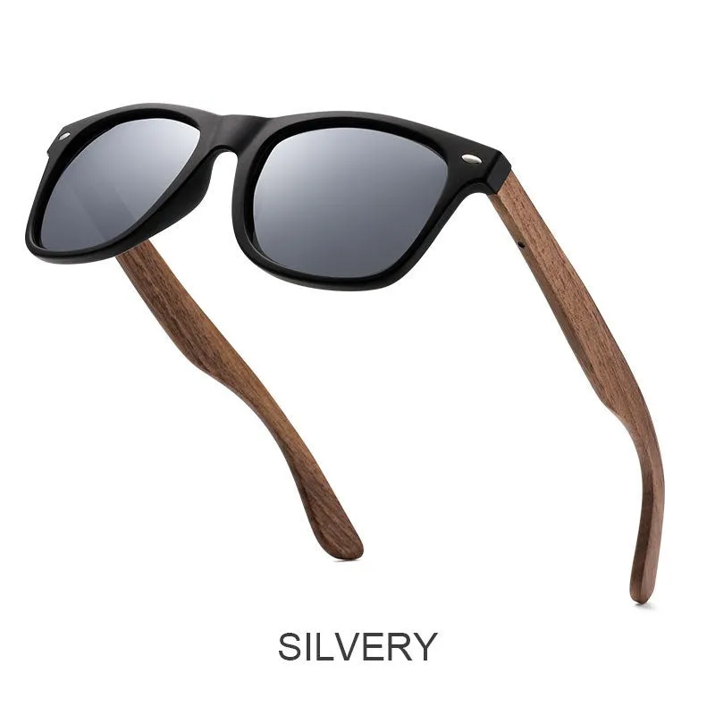 Polarised sunglasses with bamboo and wood arms, gray lens, PC frame on white background