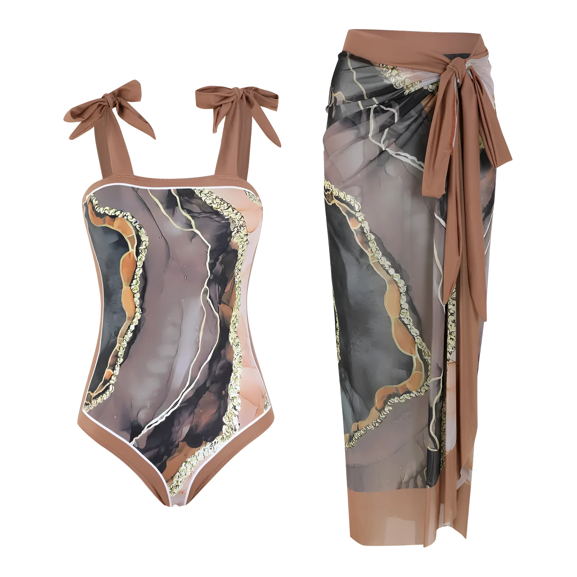 Floral print conservative one-piece swimsuit with mesh tube top and matching skirt.