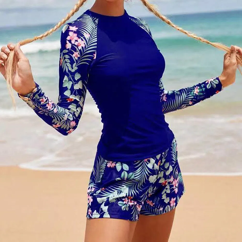 Women's long sleeve digital print conservative separate bikini swimwear in dark blue flowers on polyester fabric