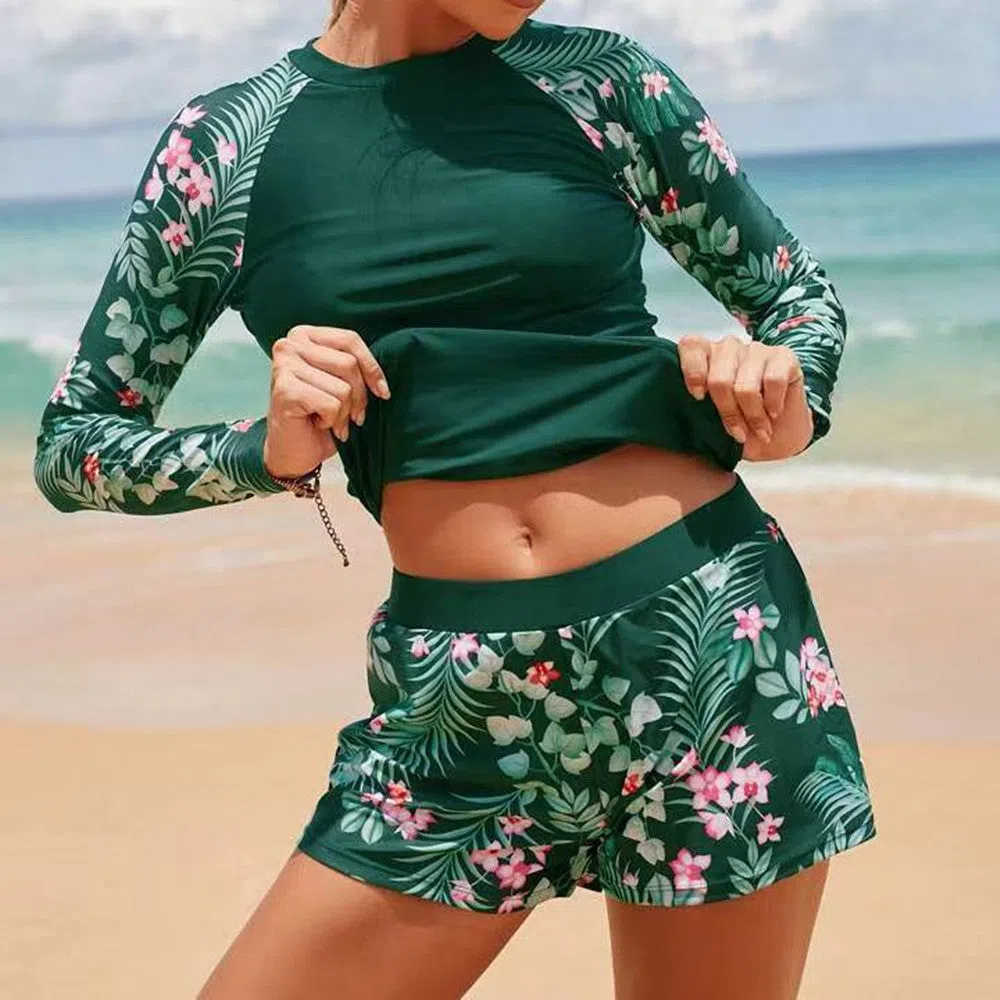 Women's long sleeve digital print conservative separate bikini swimwear in dark blue flowers on polyester fabric