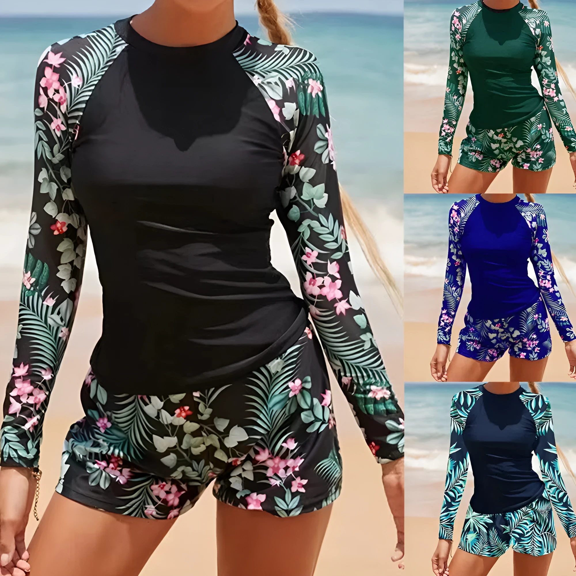 Women's long sleeve digital print conservative separate bikini swimwear in dark blue flowers on polyester fabric