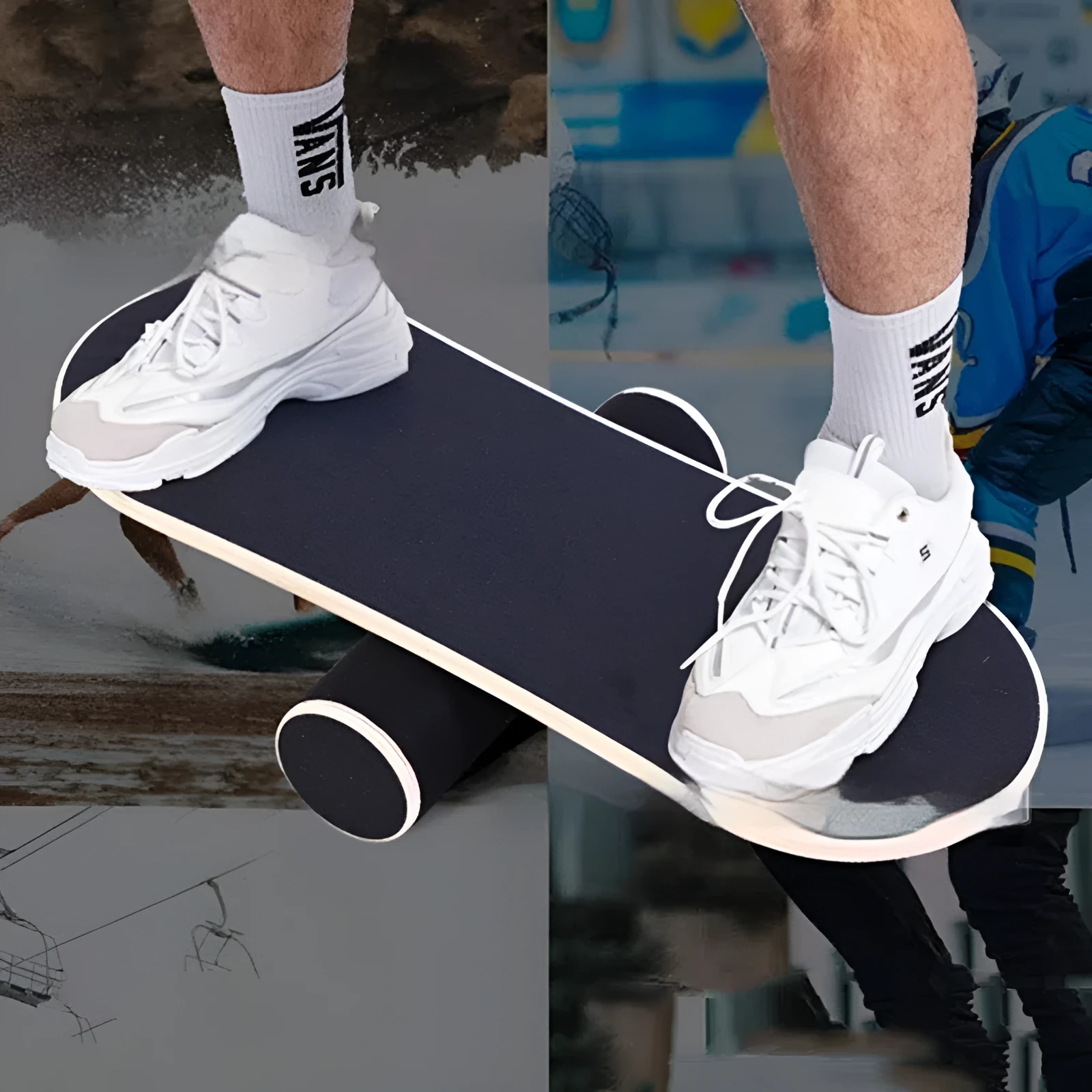 Black pine wood balance board measuring 73x28 cm for fitness training