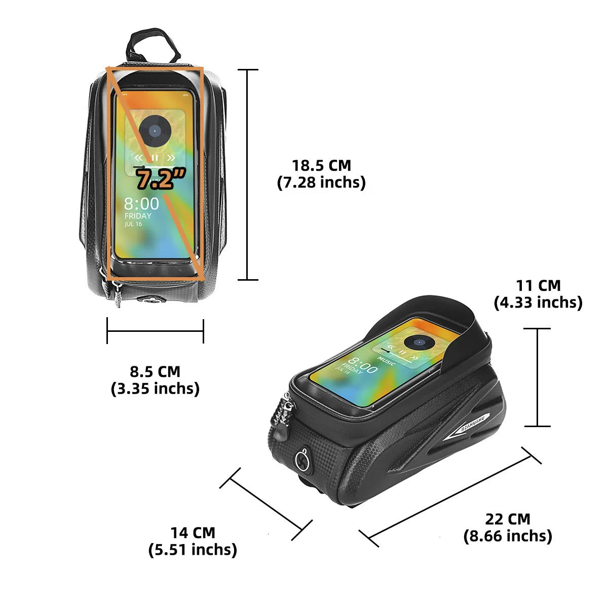 Black EVA PU leather bicycle top tube phone storage bag 1.5L with zipped closure on a bike frame