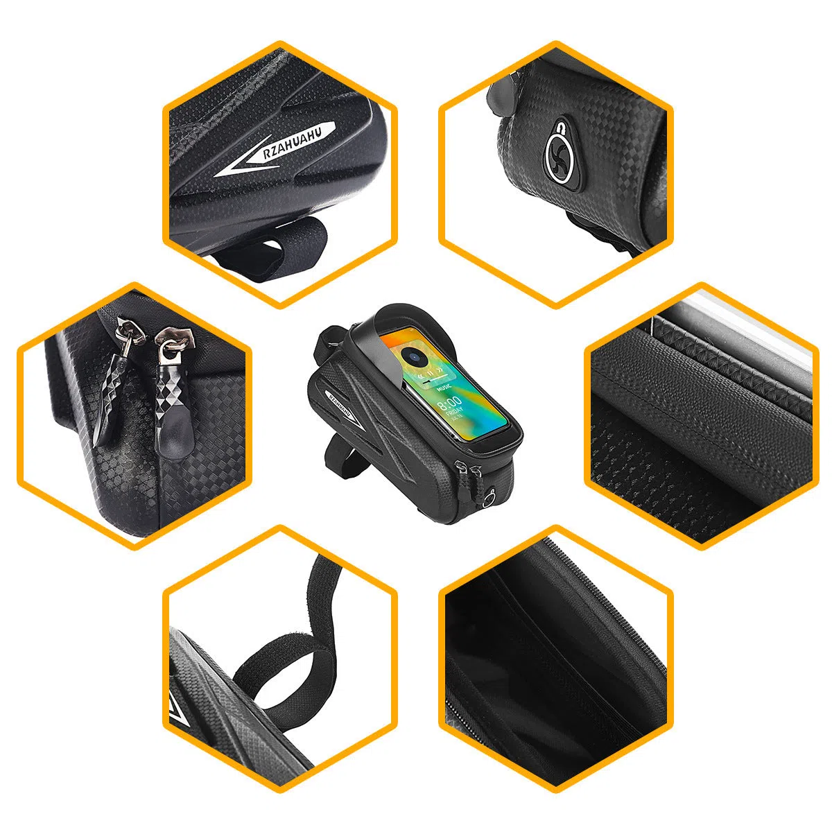 Black EVA PU leather bicycle top tube phone storage bag 1.5L with zipped closure on a bike frame